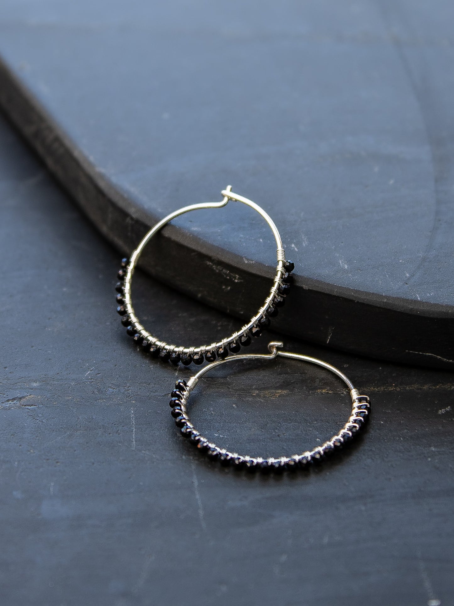 925 Silver Hoop Earrings - Black Agate