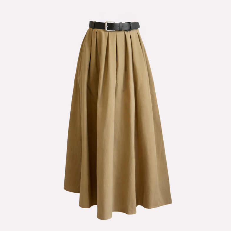 Beige pleated skirt with a black belt on a light gray background