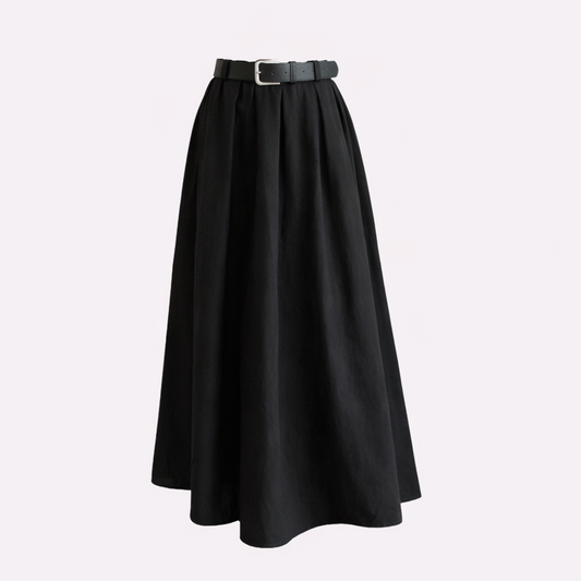 Black skirt with a belt on a light gray background