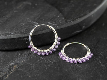 925 Silver Hoop Earrings - Amethyst