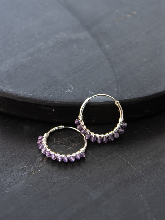 925 Silver Hoop Earrings - Amethyst