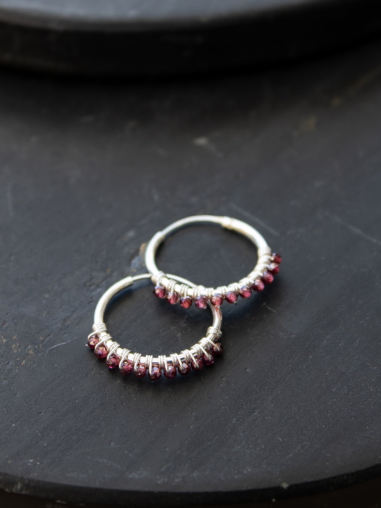 925 Silver Hoop Earrings - Garnet