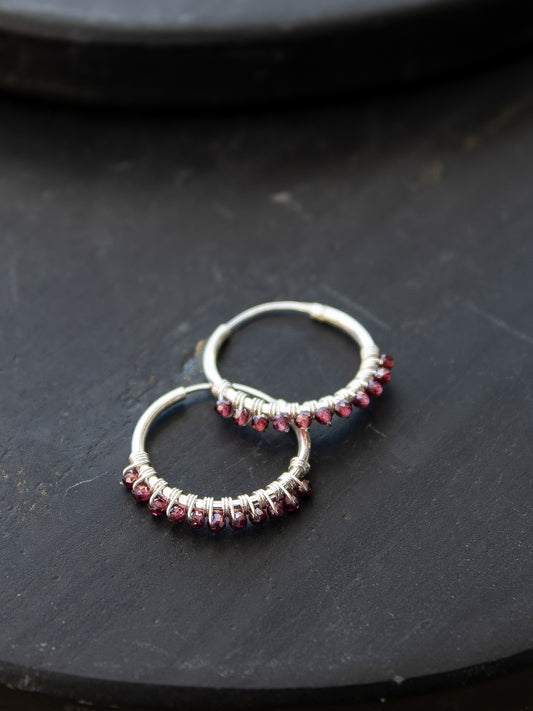 925 Silver Hoop Earrings - Garnet