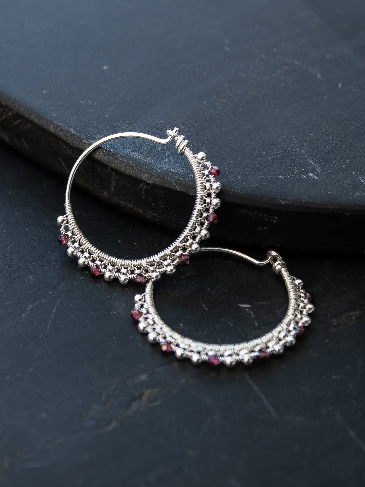 925 Silver Hoop Earrings - Garnet