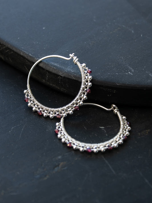 925 Silver Hoop Earrings - Garnet