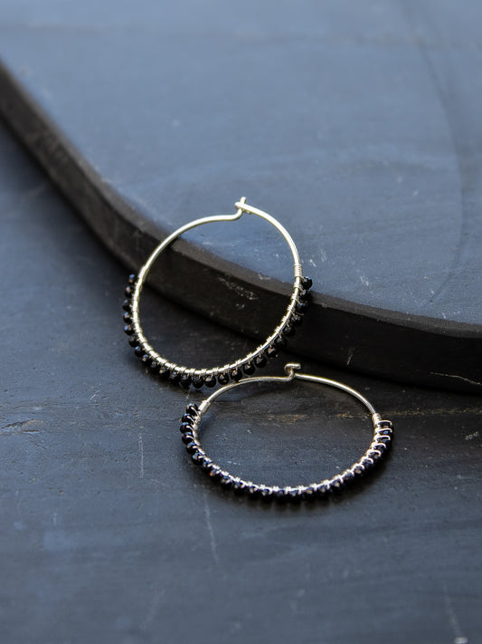925 Silver Hoop Earrings - Black Agate