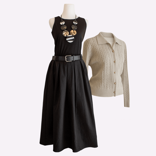 Black Skirt, Belt, Top & Cardigan