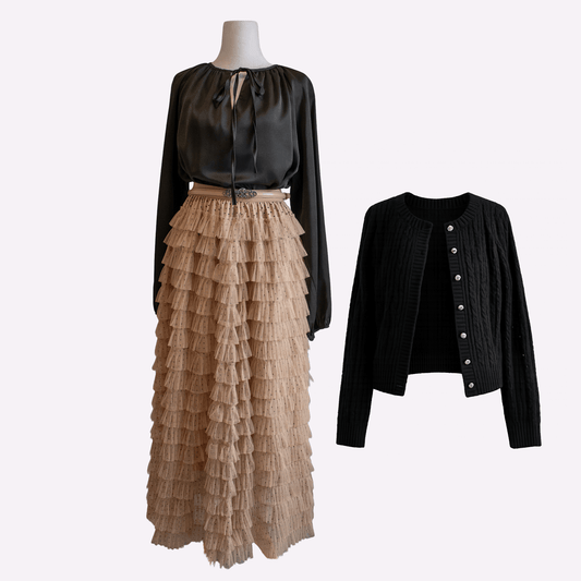 Satin Blouse, Skirt & Cardigan