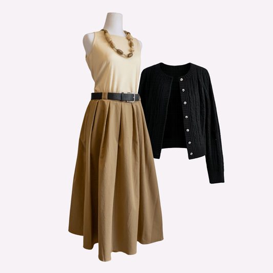 Khaki Skirt, Belt, Top & Cardigan
